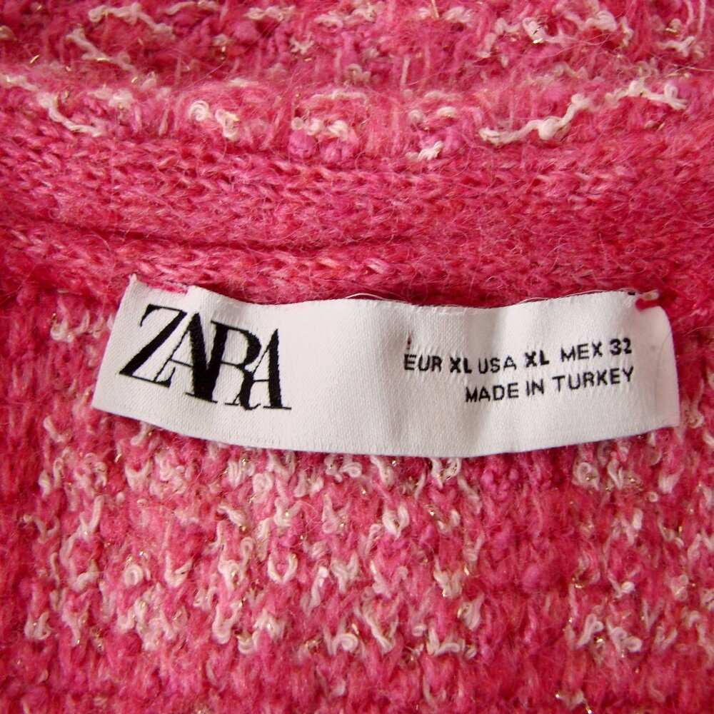 Zara Pink Tweed Knit Cardigan Jacket Sweater Barbie Pink Silver Metallic Size XL - Picture 7 of 16